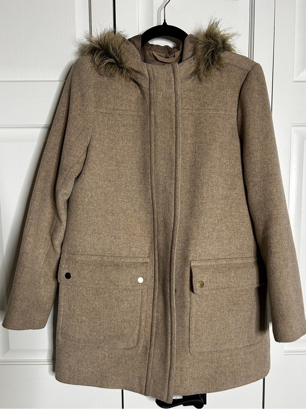 J. Crew Taupe Hooded Wool-Blend Trench Coat with Faux Fur Trim